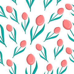 Seamless pattern of pink tulips flowers on a white background.Vector pattern.