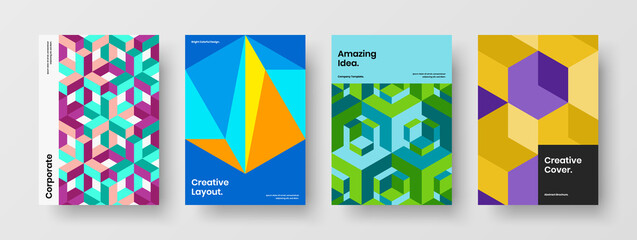 Fototapeta premium Premium geometric shapes placard illustration set. Creative corporate brochure A4 design vector template composition.
