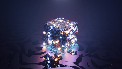 Surreal cube with neon lamps 4K UHD 3D illustration