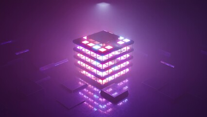 Neon cube in sci fi room 4K UHD 3D illustration