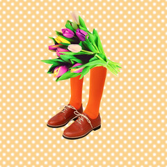 Contemporary digital collage art.  Retro Gentleman legs and bouquet of tulips. Present, gift, compliment, 8 march creative concept - obrazy, fototapety, plakaty