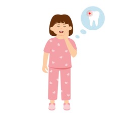 Tooth ache concept.Little girl feeling pain, holding her cheek with hand, suffering from bad toothache. Kid with  painful expression.Caries. Severe tooth pain. Vector illustration in cartoon style