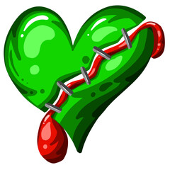 Green Dead Zombie Heart Cartoon Illustration with Blood and for Valentines Day or Halloween
