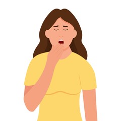 Woman yawning covering mouth with hand.  Sleepy person with open mouth.Fatigue. Low energy.Vector illustration