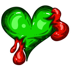 Green Dead Zombie Heart Cartoon Illustration with Blood and for Valentines Day or Halloween