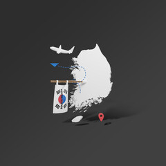 Map of South Korea with flag and travel concept on a green background. Social media post - 3d rendering.