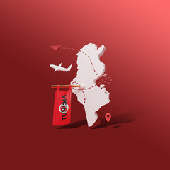 Map of Tunisia with flag and travel concept on a red background. Social media post - 3d rendering.