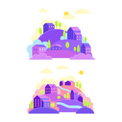 Obraz premium Cute countryside landscape in purple and pink colors. Houses and trees on hills vector illustration