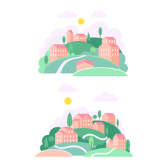 Set of summer countryside landscapes with hills, houses and trees at day time vector illustration
