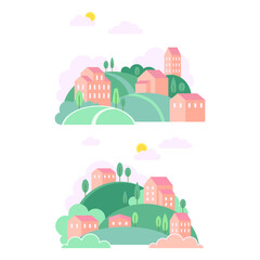Set of summer countryside landscapes with green hills and brick houses at day time vector illustration