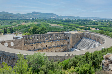 Roman amphitheater of Aspendos, Belkiz, Ancient theatre of Aspendos in Turkey. Historical...