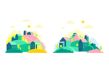 Set of cute small town scenes with hills and houses at day time vector illustration