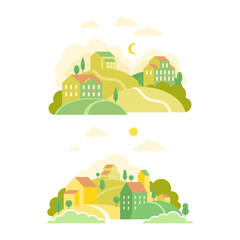 Set of summer countryside landscapes with green hills, houses and path at day and night time vector illustration