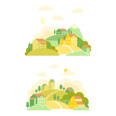 Set of summer countryside landscapes with green hills, cute houses and path vector illustration