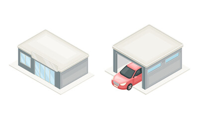 Car service and repair station. Auto service center garage buildings isometric vector illustration
