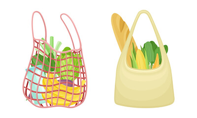 Reusable eco shopping bags full of grocery products set. Loaf bread, banana, corn cob, greenery. Zero waste, plastic free concept vector illustration