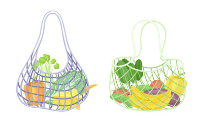 Reusable eco shopping nets full of fruit and vegetables set. Zero waste, plastic free concept vector illustration