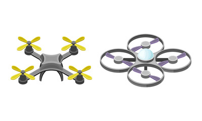 Unmanned aircrafts set, Drones and quadcopter modern wireless devices isometric vector illustration