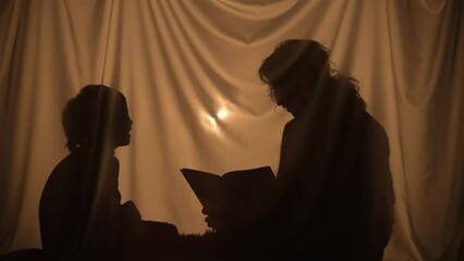 Silhouettes of woman and boy reading a book of fairy tales. Mom and little son spend leisure together, sitting behind curtain at home. Puppet theater of shadows, play of shadow and light. Close up.