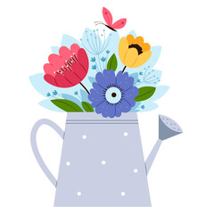 Spring decorative abstract bouquet in a watering can.Spring mood.Hand drawn flat illustration. © Irena
