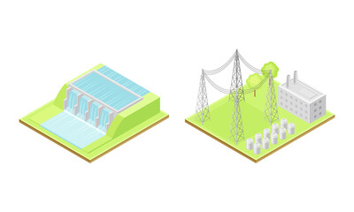 Electricity generation. Hydroelectric power station and high voltage electricity power transmission grid. Alternative sources isometric vector illustration
