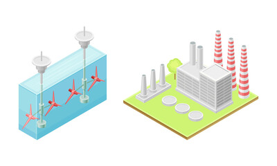Electricity generation. Hydroelectric power station and thermal power plant isometric vector illustration on white background