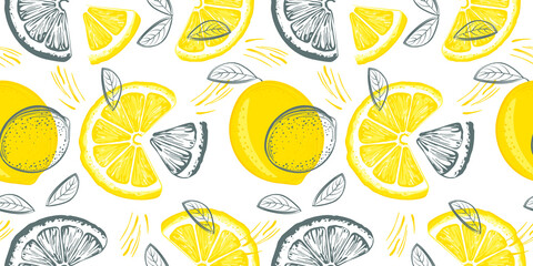 Lemon seamless pattern. Colorful sketch lemons. Citrus fruit background. Elements for menu, greeting cards, wrapping paper, cosmetics packaging, posters etc