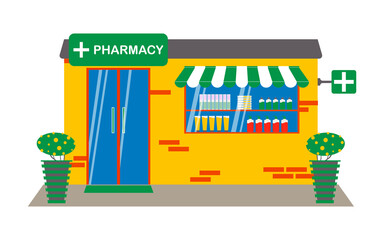 Yellow pharmacy building with pills, vaccines on a city street with a glass door and a showcase. The facade of the pharmacy is decorated with flower pots. 