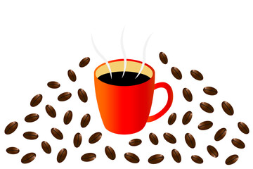 コーヒーカップとコーヒー豆のイラスト。