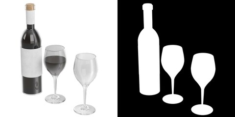 3D rendering illustration of wine bottle and glasses