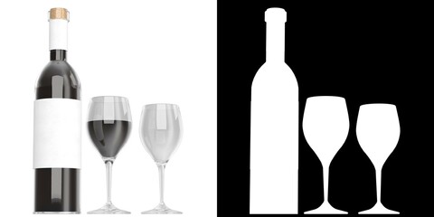 3D rendering illustration of wine bottle and glasses