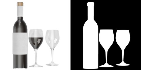 3D rendering illustration of wine bottle and glasses