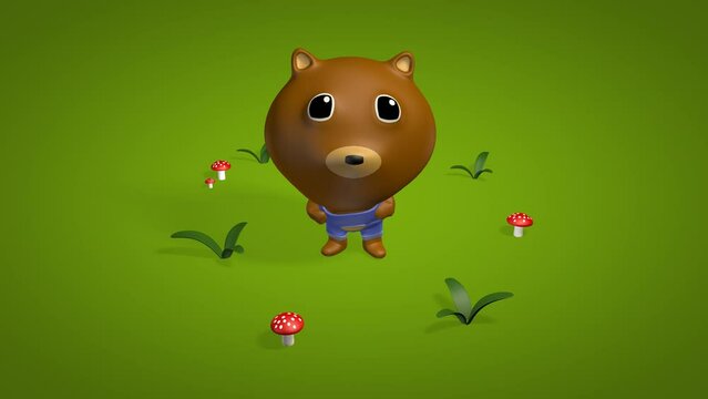 looped 3d animation of a bear with sad eyes moving its head against a background of mushrooms and flowers