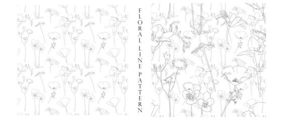 Floral seamless patterns with hand-drawn flowers and plants. May be used as a coloring book and much more.