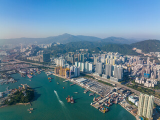 Aerial view of Hong Kong city with cargo terminal and cityscape view