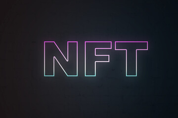 NFT Non fungible token neon text background. Crypto art concept. Technology selling unique collectibles, games characters, blockchain assets and digital artwork. Future of art market. Cryptocurrencies