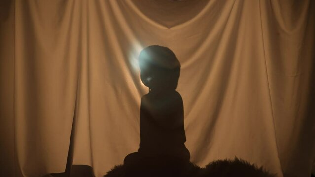 Silhouette of little boy shining a flashlight and having fun. Child of primary age spend leisure, sitting behind curtain at home. Puppet theater of shadows, play of shadow and light. Close up.