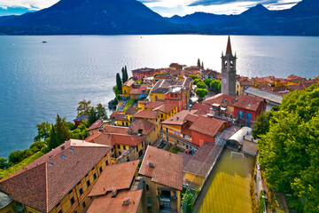 Town of Varenna and Como lake waterfront aerial view