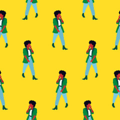Vector seamless pattern with people walking on the street. Colorful background with tiny people. Illustration in flat style
