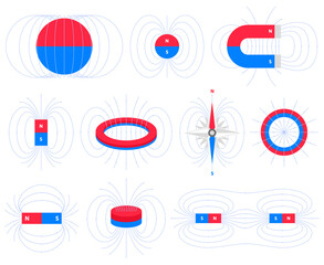 Magnetism physics schemes, polar magnets electromagnetic field. Educational electromagnetism and magnetic poles diagram vector illustration set. Electromagnetic field symbols