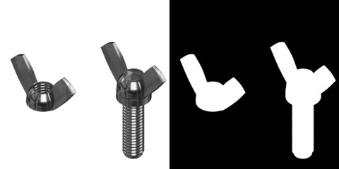 3D rendering illustration of a wing nut and screw