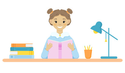 Girl studying with books, sitting at a desk. Isolated on white background.