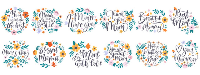 Fototapeta premium Happy mothers day quotes, greeting lettering phrases. Mothers day calligraphy quotes with floral elements vector illustration set. Lettering happy mothers day