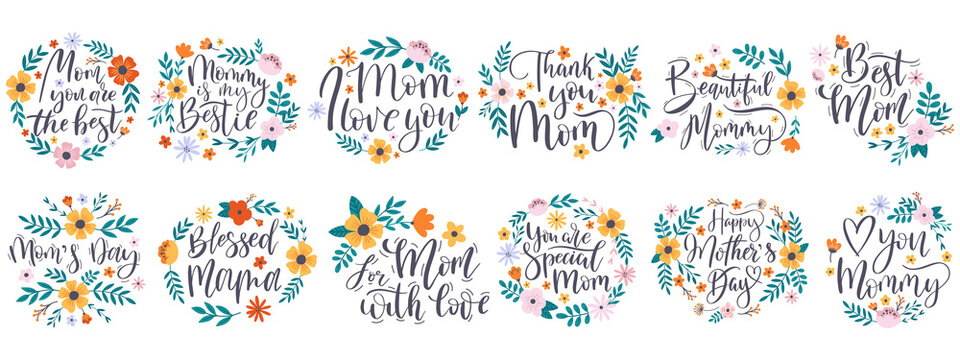 Happy mothers day quotes, greeting lettering phrases. Mothers day calligraphy quotes with floral elements vector illustration set. Lettering happy mothers day