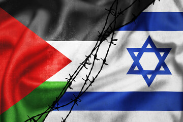 Grunge flags of Palestine and Israel divided by barb wire illustration