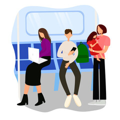 woman and a man are sitting on a passenger train in a subway car with a laptop and a mobile phone, working or relaxing on the road. Give up the seat to Mom and baby. Cartoon vector illustration