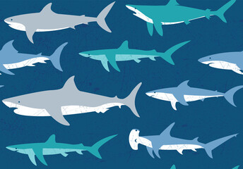 Stay out of the water. This shark themed seamless vector pattern has some gnarly textures and would make a great background or surface design. - obrazy, fototapety, plakaty