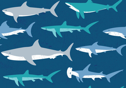 Stay out of the water. This shark themed seamless vector pattern has some gnarly textures and would make a great background or surface design.