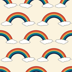 70s seamless vector pattern with vintage groovy rainbow and clouds. Psychedelic background with colorful sky elements. Fun hippy texture for surface design, wallpaper, wrapping paper, textile