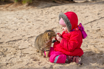 Love for pets. The girl is feeding the cat.